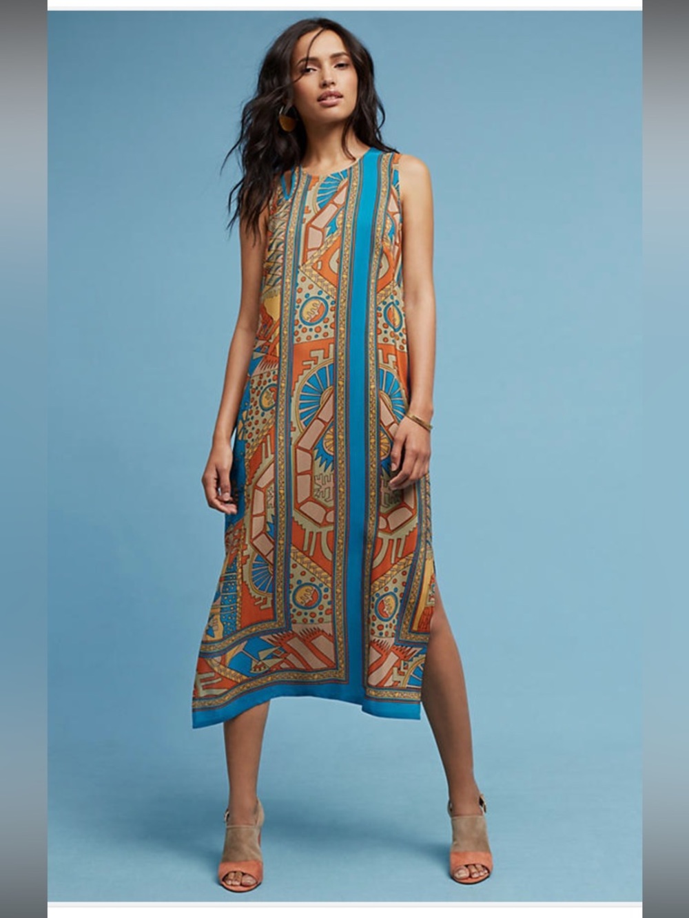 Sleeveless Silk Bohemian Midi Dress in Teal and Rust size Anthropologie 14